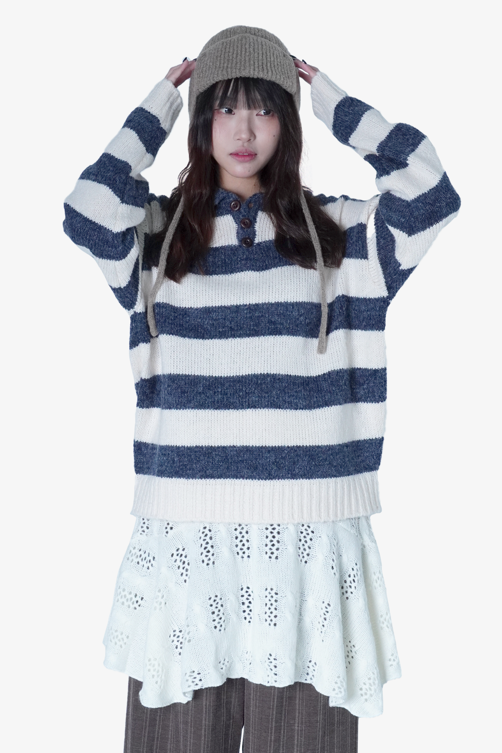 橫條紋針織翻領毛衣05