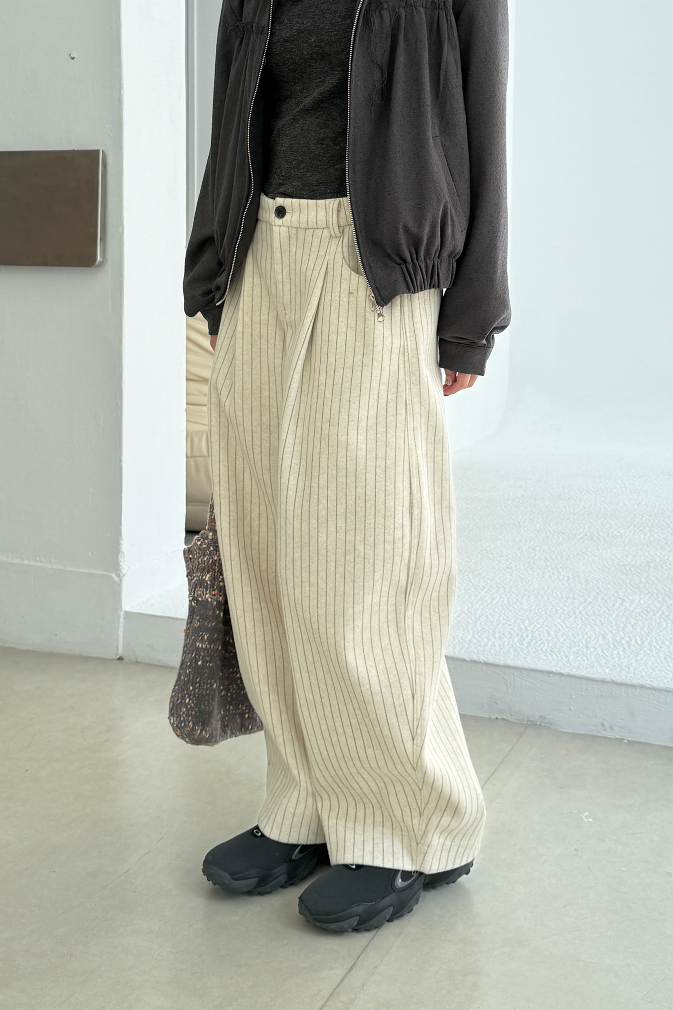 挺版細條紋毛呢西褲4