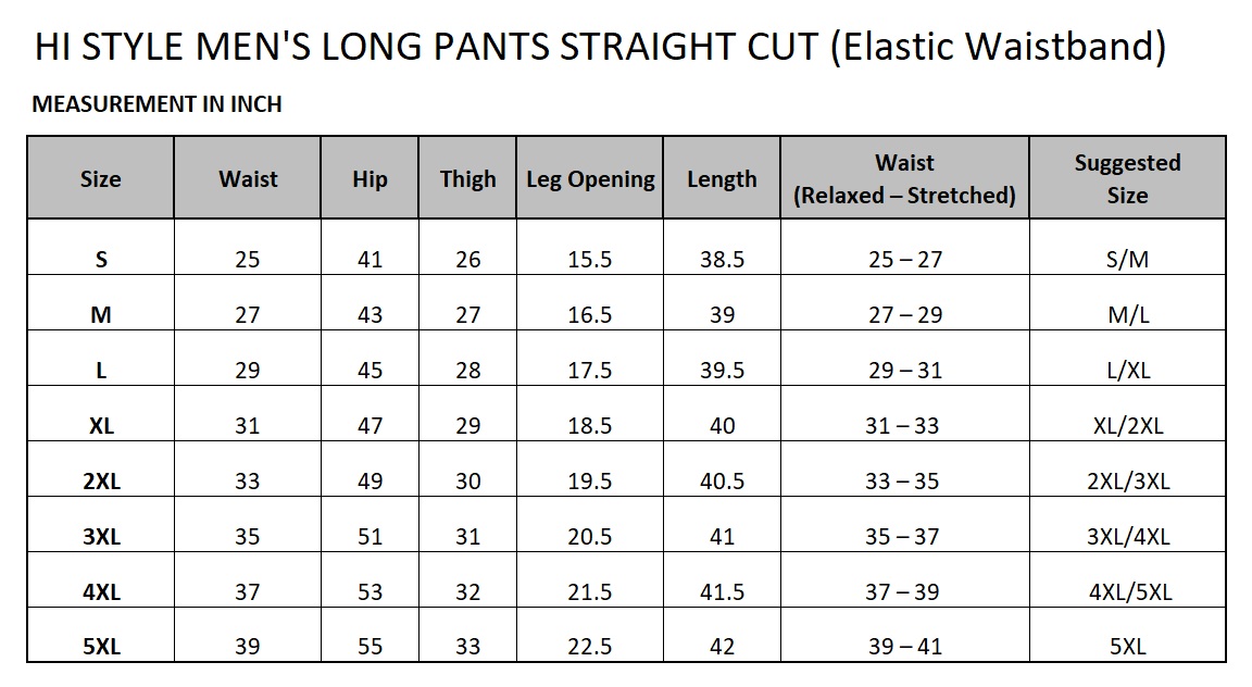 men straight cut long pants elastic waistband
