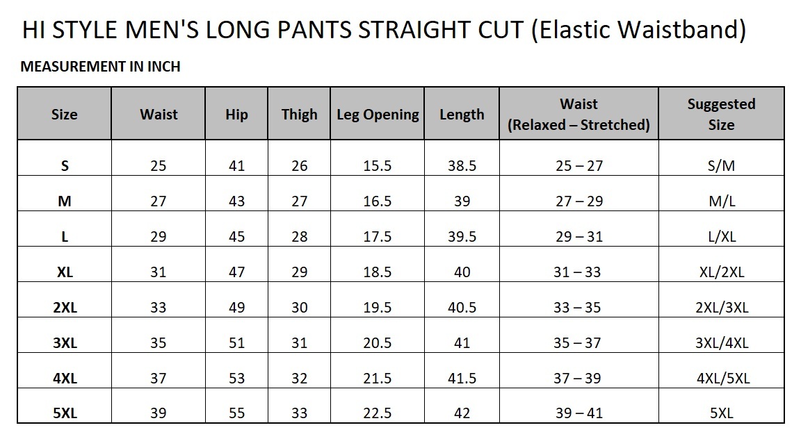 men straight cut long pants elastic waistband