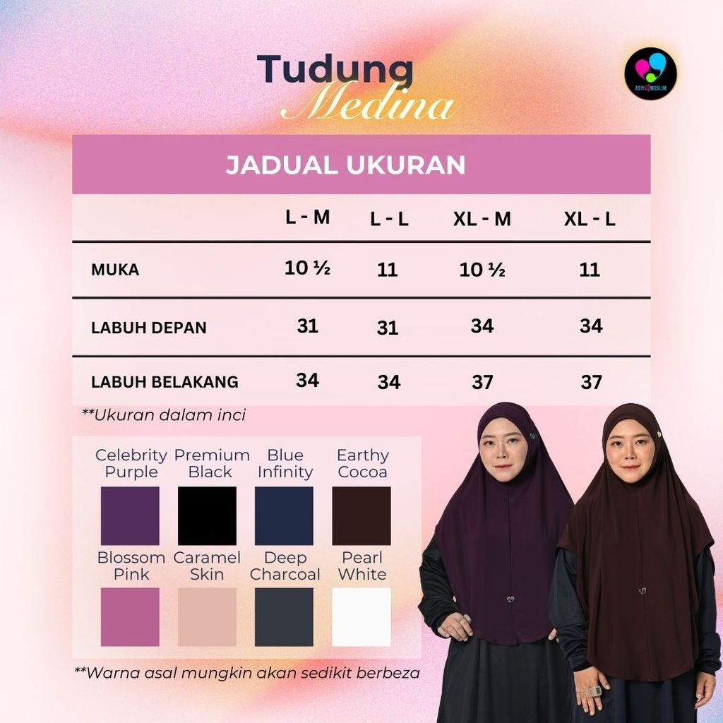 Size Chart tudung Medina