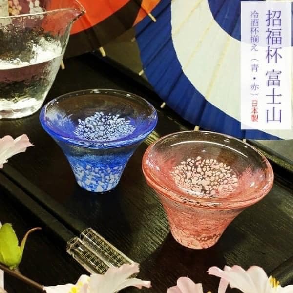 日本製 手工製玻璃對杯 (一紅，一藍)附木箱日本玻璃食器餐具