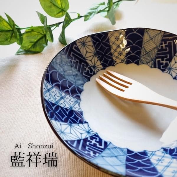 日本餐具-美濃燒瓷器-藍友禪深餐盤-祥瑞深餐盤-祥瑞中餐盤-王球餐具 (6)