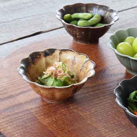 日本餐具美濃燒缽碗5色菊花形小缽10.8cm-王球餐具