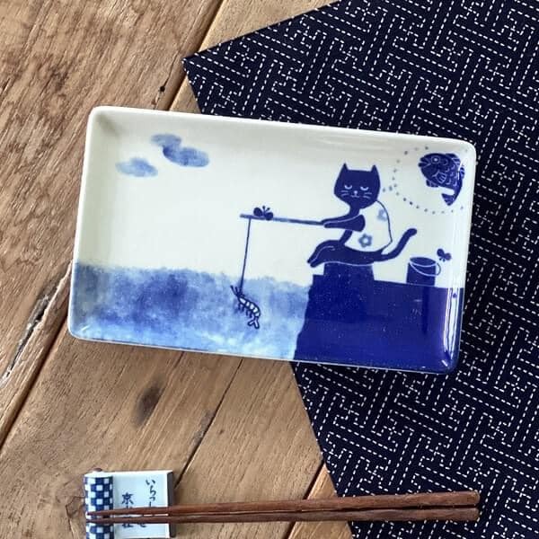 日本餐具 美濃燒餐盤 貓咪釣魚長盤20.7cm 王球餐具 (2)