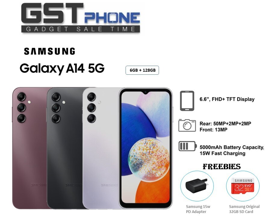 Samsung Galaxy A14 5G (6GB+6GB Extended Ram)+128GB Rom (Original Malaysia  Set) With Premium Gift – GSTphone.my