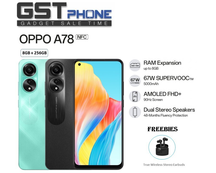 Oppo A78 4G (8GB+8GB Extended Ram)+256GB Rom (Original Malaysia Set) With  Premium Gift