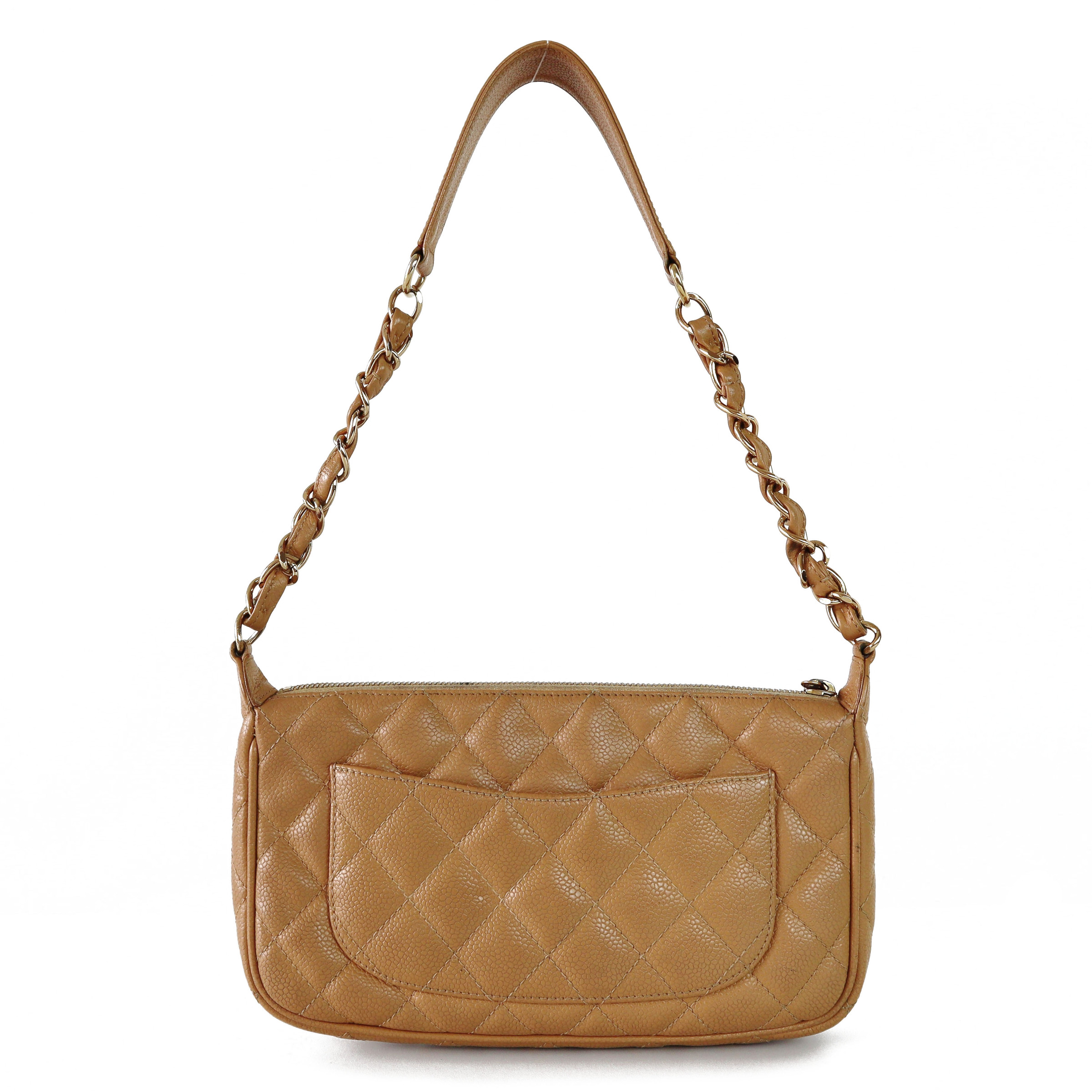 Chanel Vintage Timeless CC Shoulder Pochette in Beige Caviar 24k