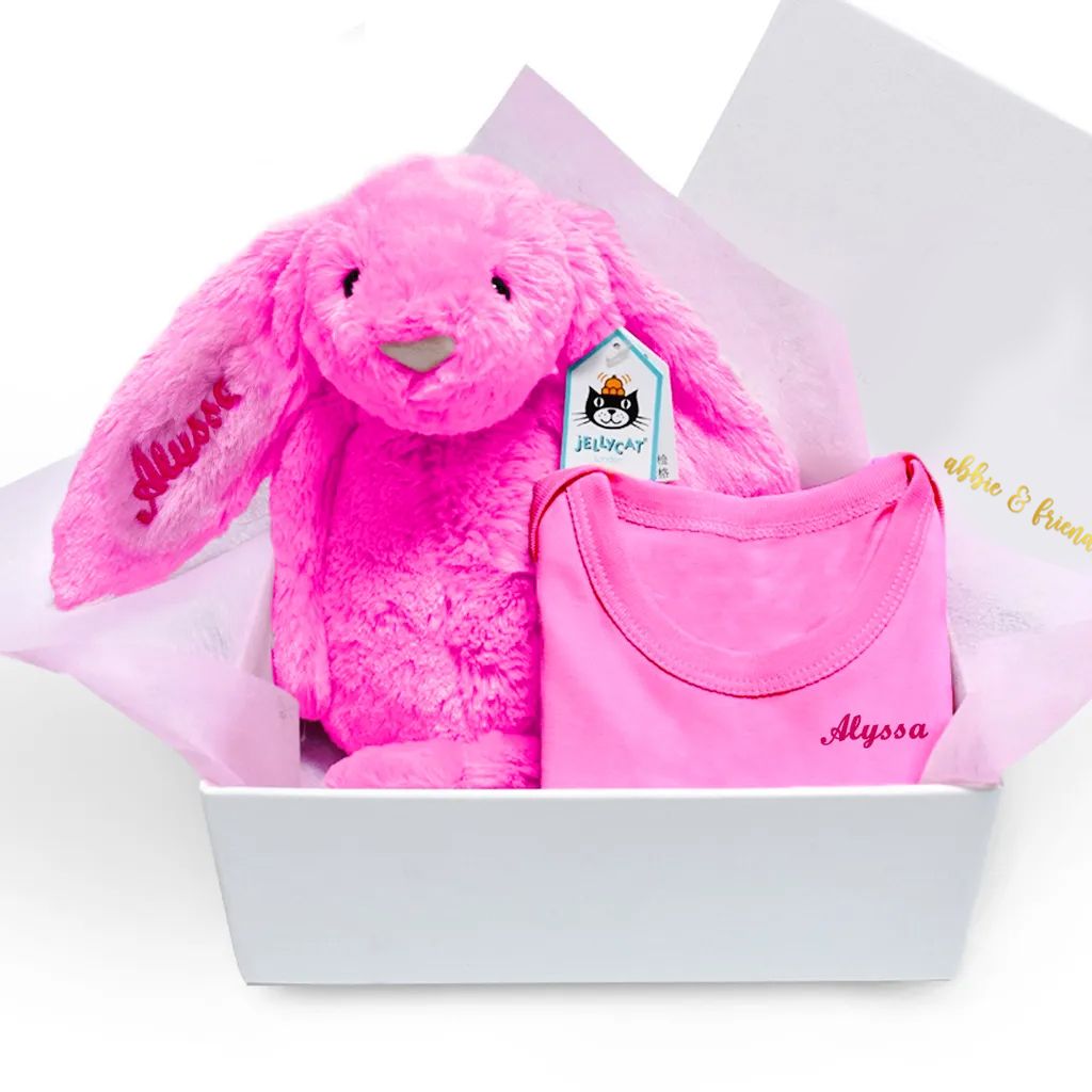 GIFT SET-BASHFUL-HOT-PINK-BUNNY-MAGENTAPINK-ROMPER