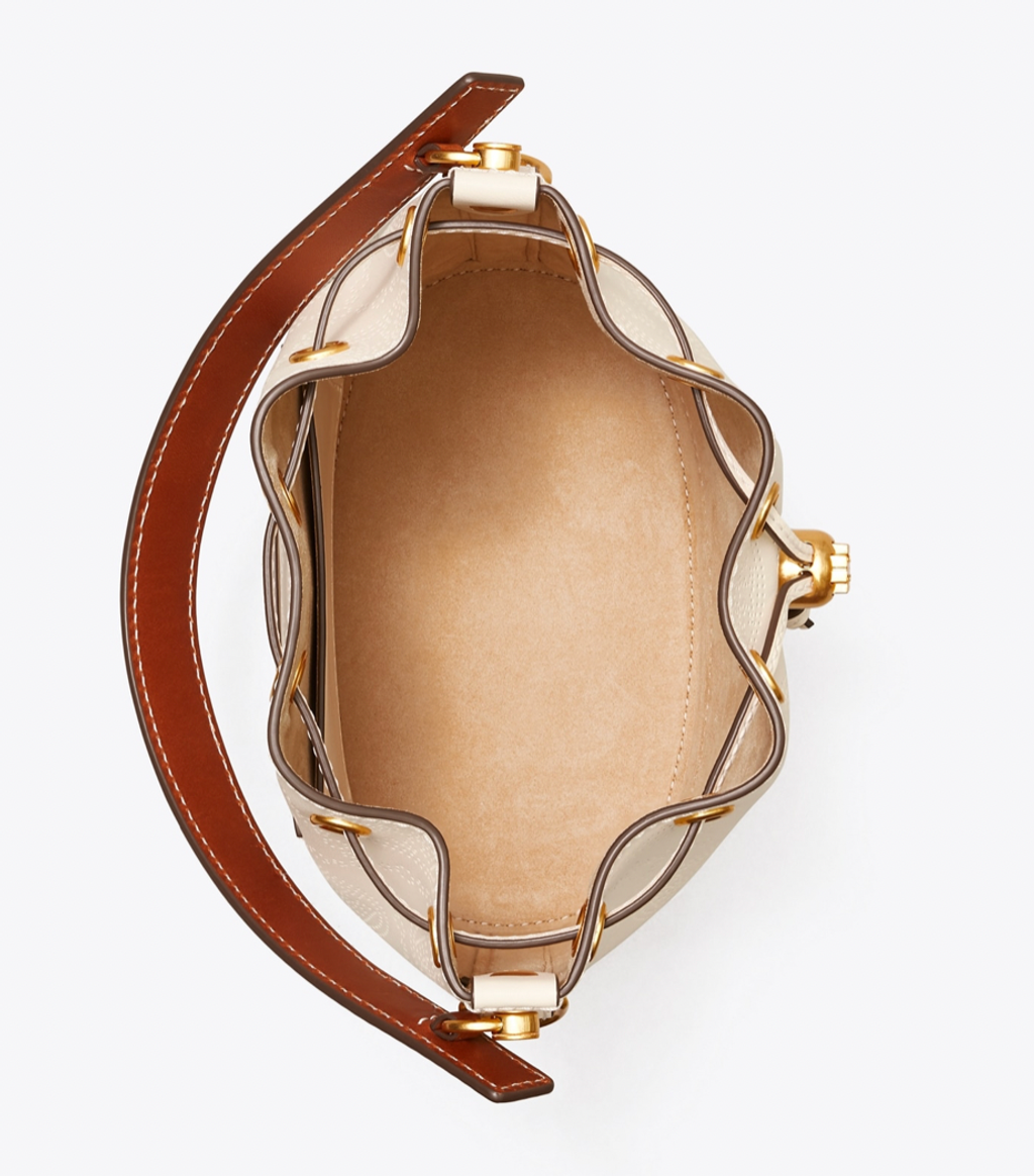 Tory Burch T Monogram Perforated Leather Bucket Bag – Luxe Paradise