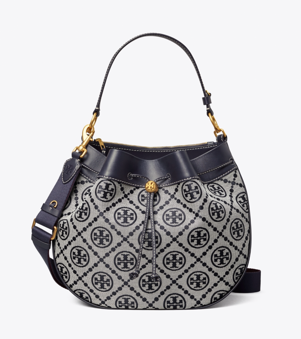Tory Burch T Monogram Jacquard Drawstring Hobo Bag – Luxe Paradise Tory Burch T Monogram Jacquard Drawstring Hobo Bag – Luxe Paradise