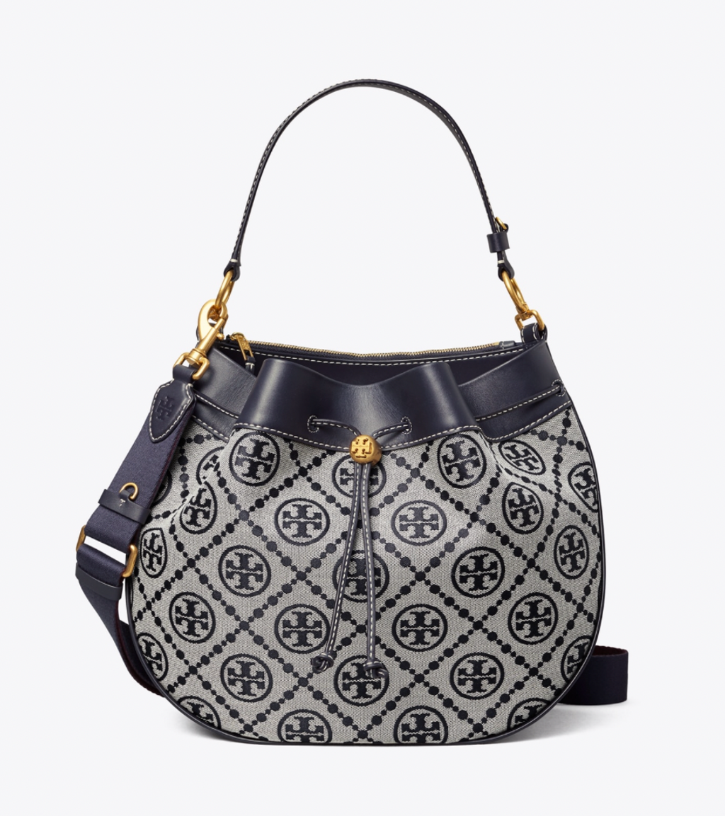 t monogram jacquard drawstring hobo