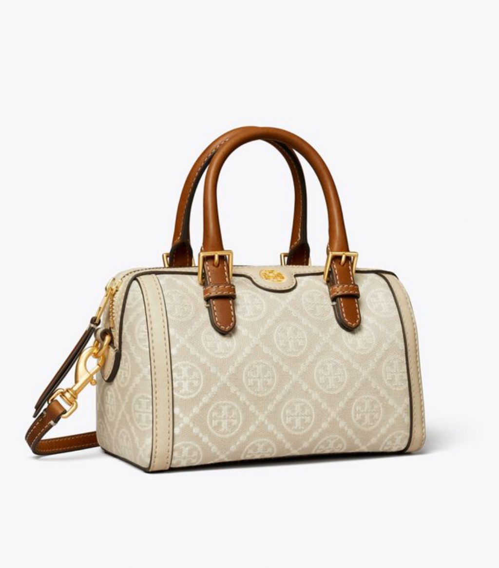 Tory Burch T Monogram Embossed Metallic Barrel Crossbody Bag