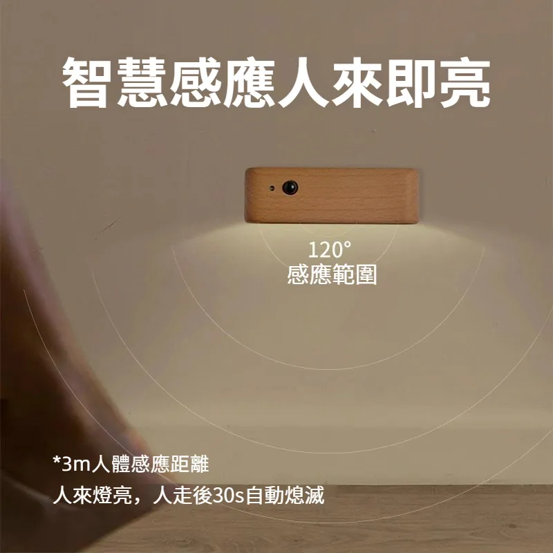智能人體感應燈 原木小夜燈 磁吸充電壁燈