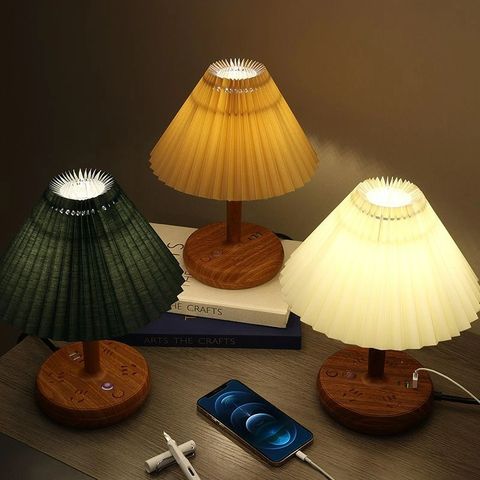 多功能充電檯燈木質摺紙罩小夜燈 可調光調色USB插座桌燈