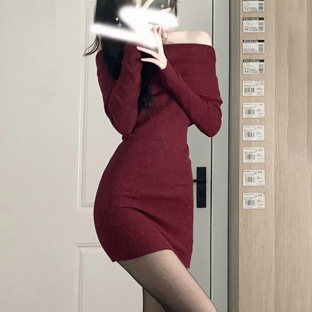 一字肩长袖连衣裙2