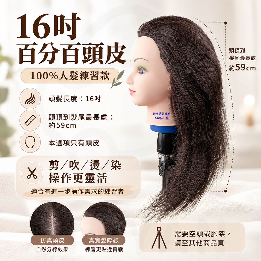 美髮練習人頭皮 蝦16吋百分百