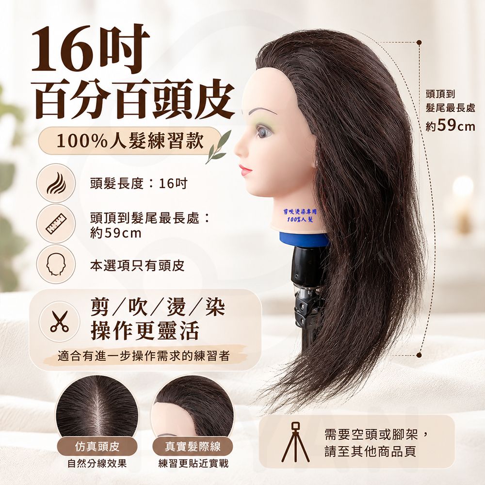 美髮練習人頭皮 蝦16吋百分百