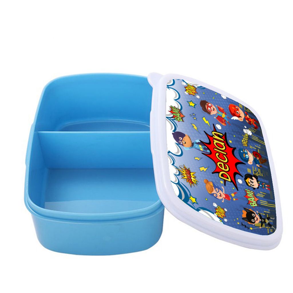 DK - Lunch Box light blue -open lid - Super Heroes