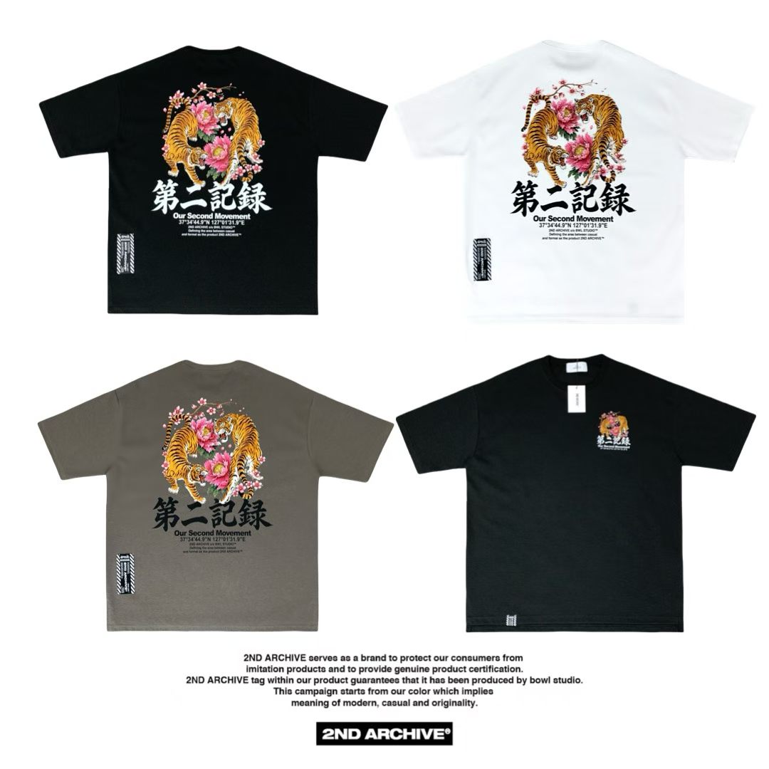 2ND ARCHIVE 雙虎牡丹刺繡印花落肩寬鬆短袖 T 恤中性街頭風穿搭 JOICE KOREA 韓國選品