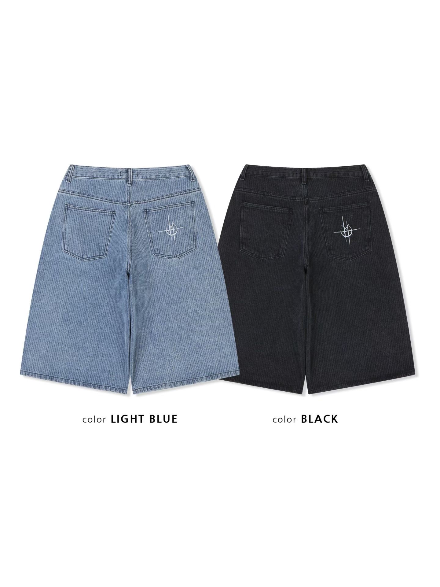 JOICE-KOREA-Cerix-刺繡直條紋丹寧百慕達褲-韓國中性街頭風短褲