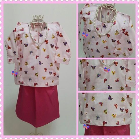 Baju Kurung Johor Kanak-kanak English Cotton Pink Mickey with Fucshia Pink Pin Polka Dot Skirt.jpg