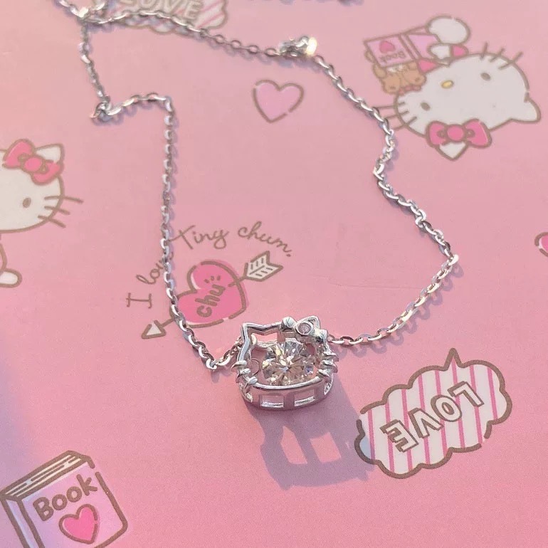 Sanrio Hello Kitty Diamond Set Open Ring Schoolgirl Girlfriend Cute Pendant  Clasp Necklace Woman Clavicle Chain