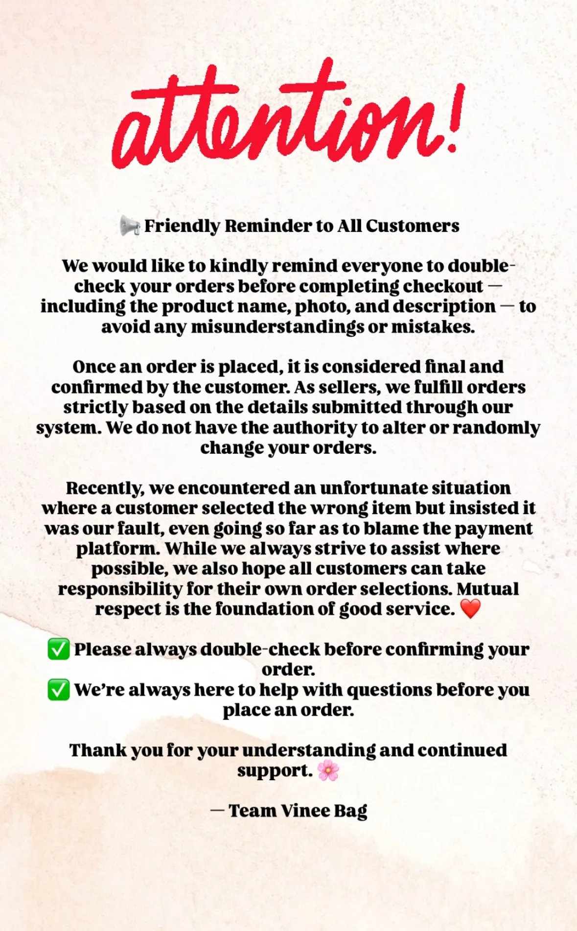 Important Notice | Vinee Bag