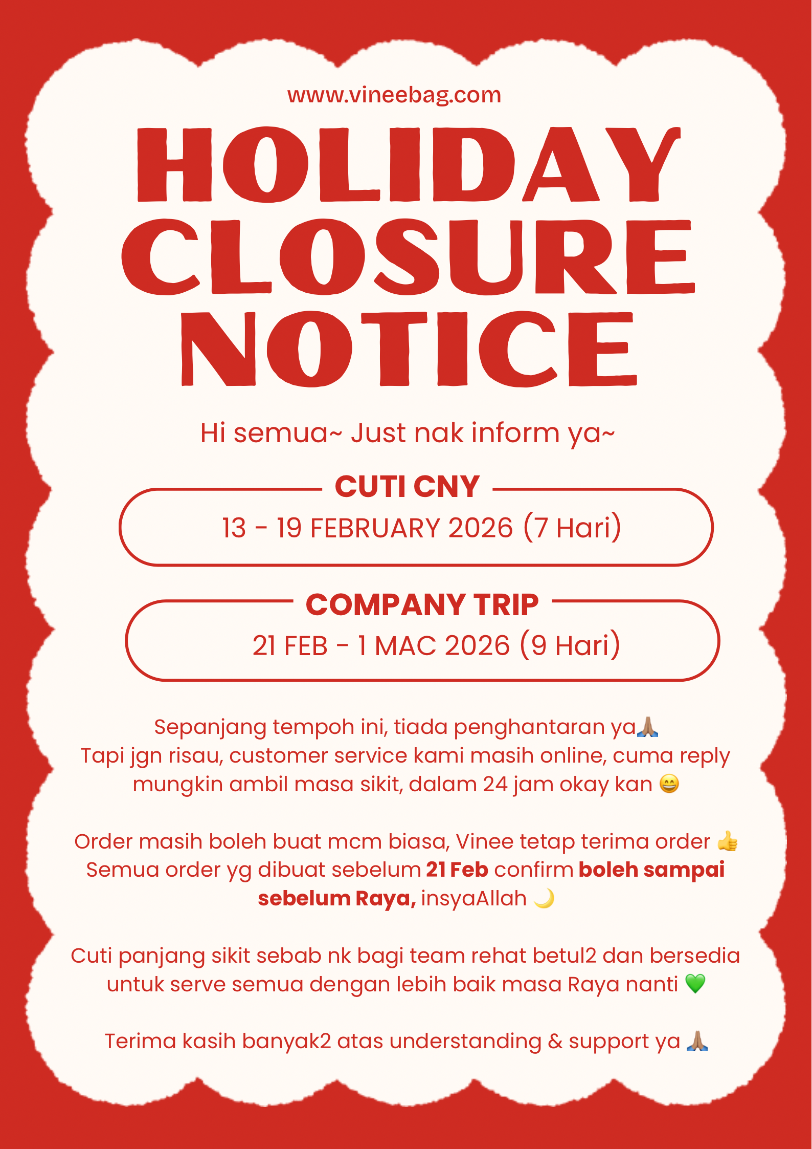 📢 Holiday & Operational Update (CNY & Annual Company Trip)
