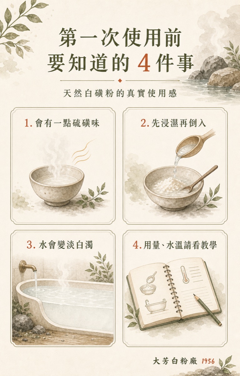 大芳白粉廠の初回使用前に知っておきたい香り、湿らせ方、白濁色、使用量の説明。