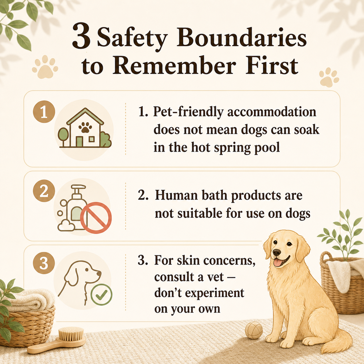 Dog hot spring powder safety boundary FAQ card