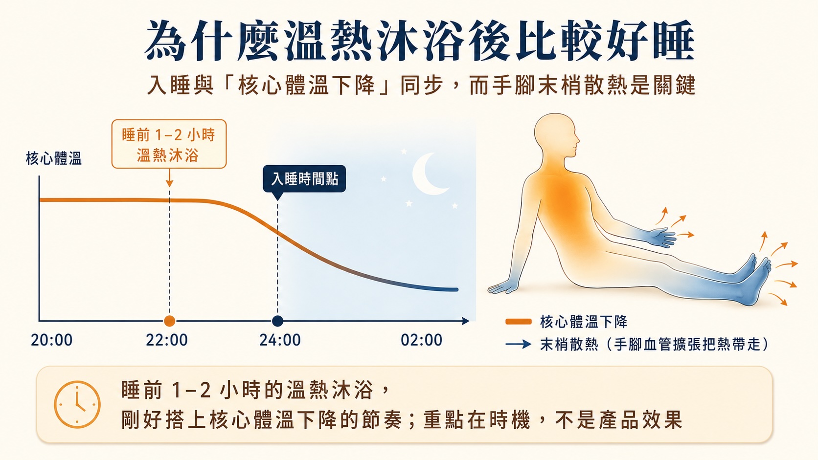 入睡前核心體溫下降與手腳末梢散熱的時間示意圖