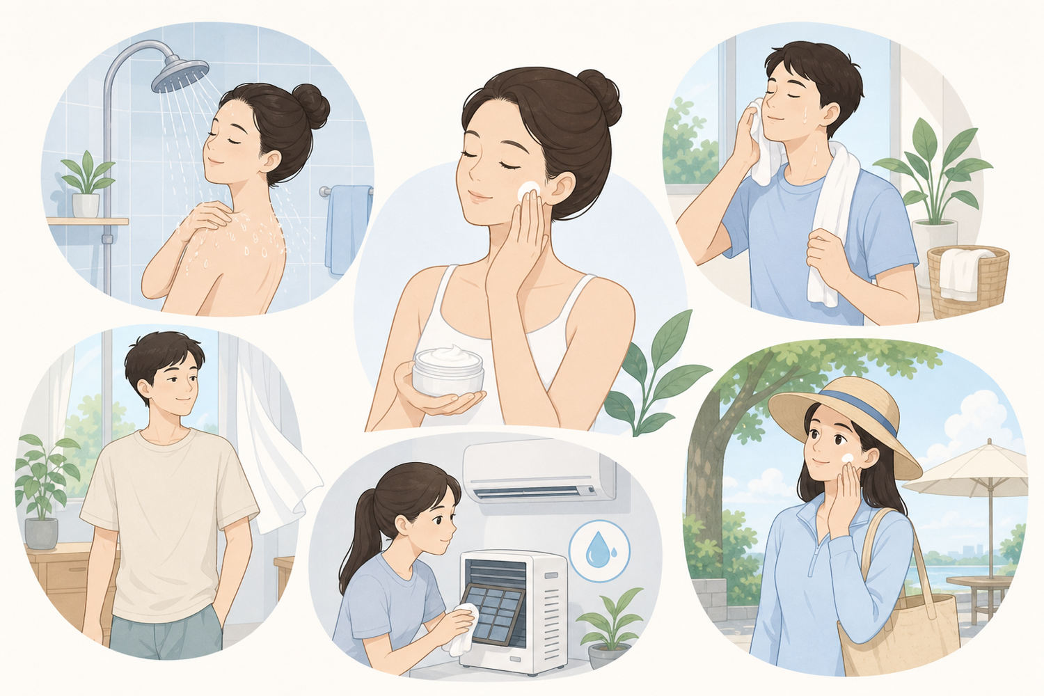夏季低風險皮膚照護步驟，包括溫和清潔、保濕、流汗後處理、透氣衣物、濕度管理與防曬。