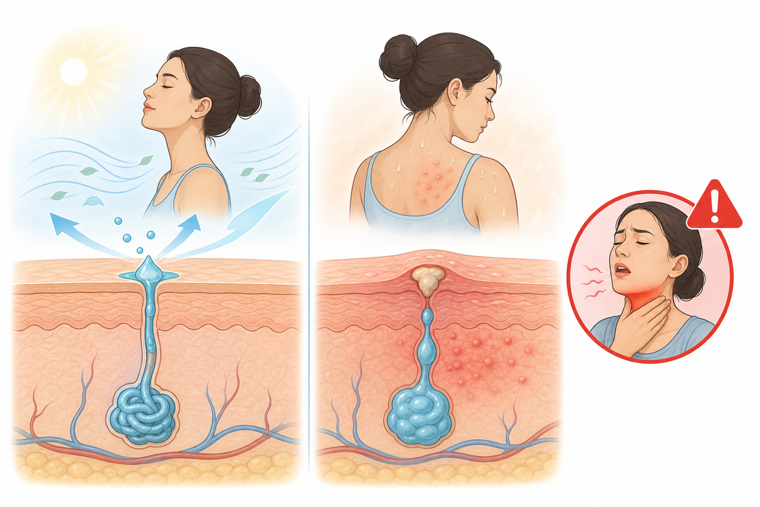 Comparison of normal sweat cooling and blocked sweat ducts forming heat rash, with severe-allergy warning signs.