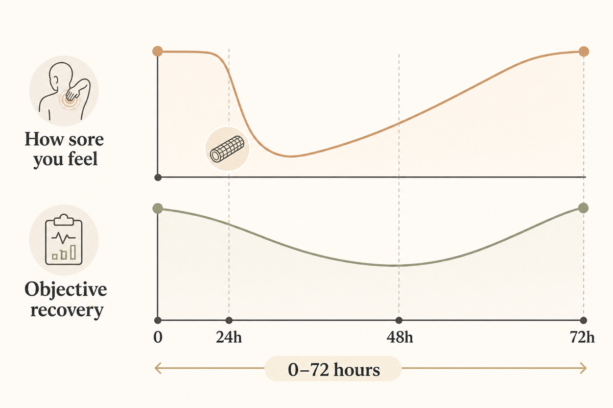 Diagram: subjective soreness scores and objective recovery markers (strength, swelling, tenderness) run on two different timelines