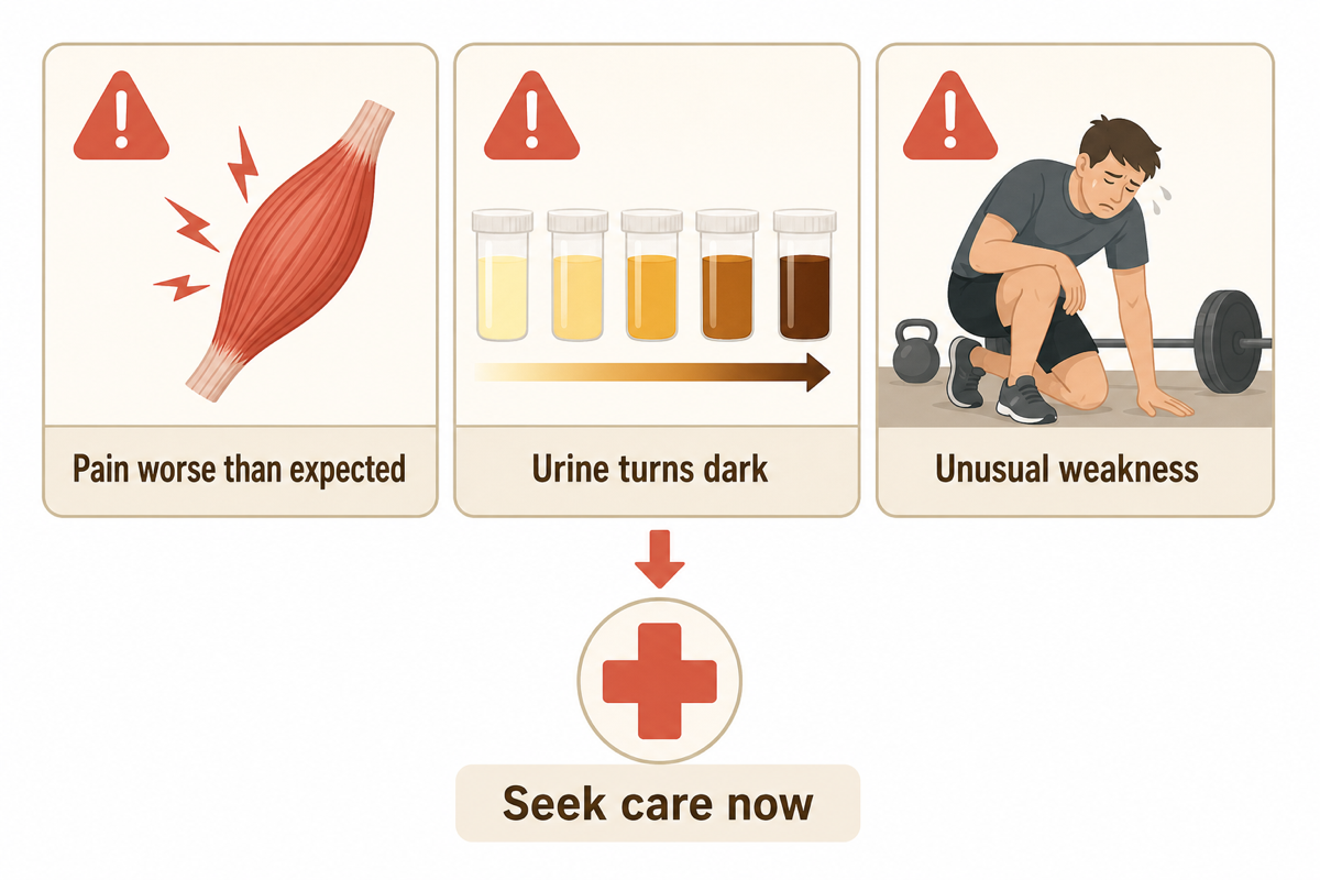 Warning signs: pain worse than expected, dark tea-coloured urine, unusual weakness — seek medical care immediately