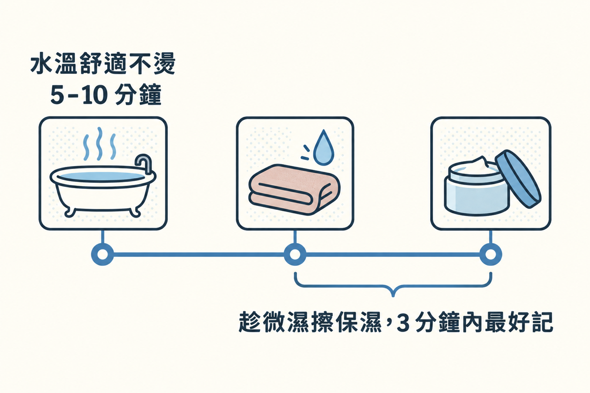 洗澡水溫舒適不燙，5–10 分鐘，微濕時保濕。