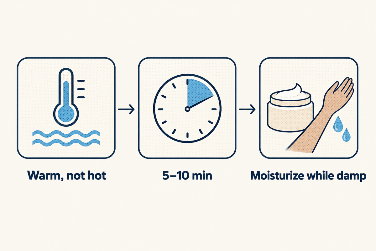 Warm, not hot; 5–10 minutes; moisturize while damp.