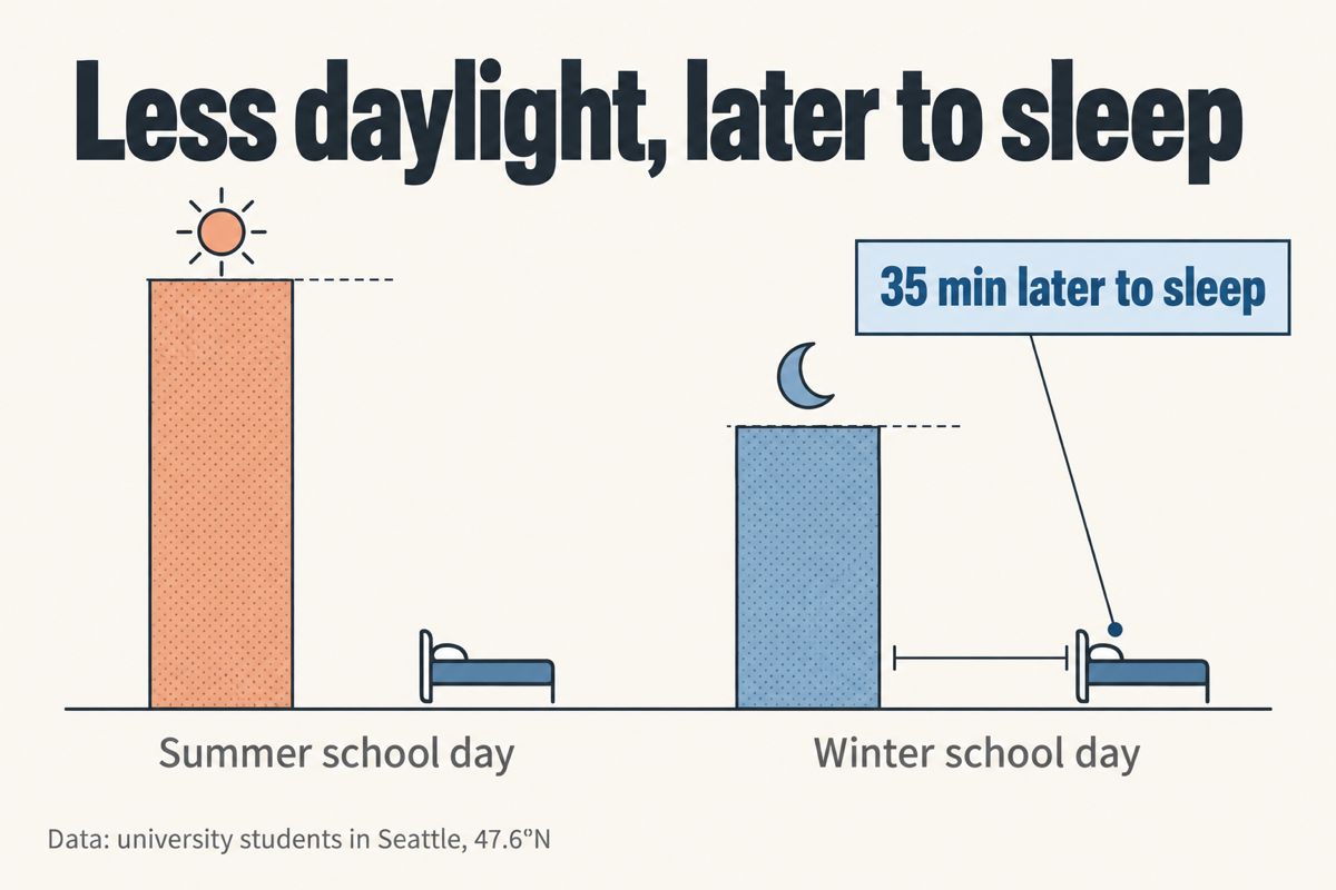 Summer and winter daylight comparison; 35 min later to sleep. Data: university students in Seattle, 47.6°N.