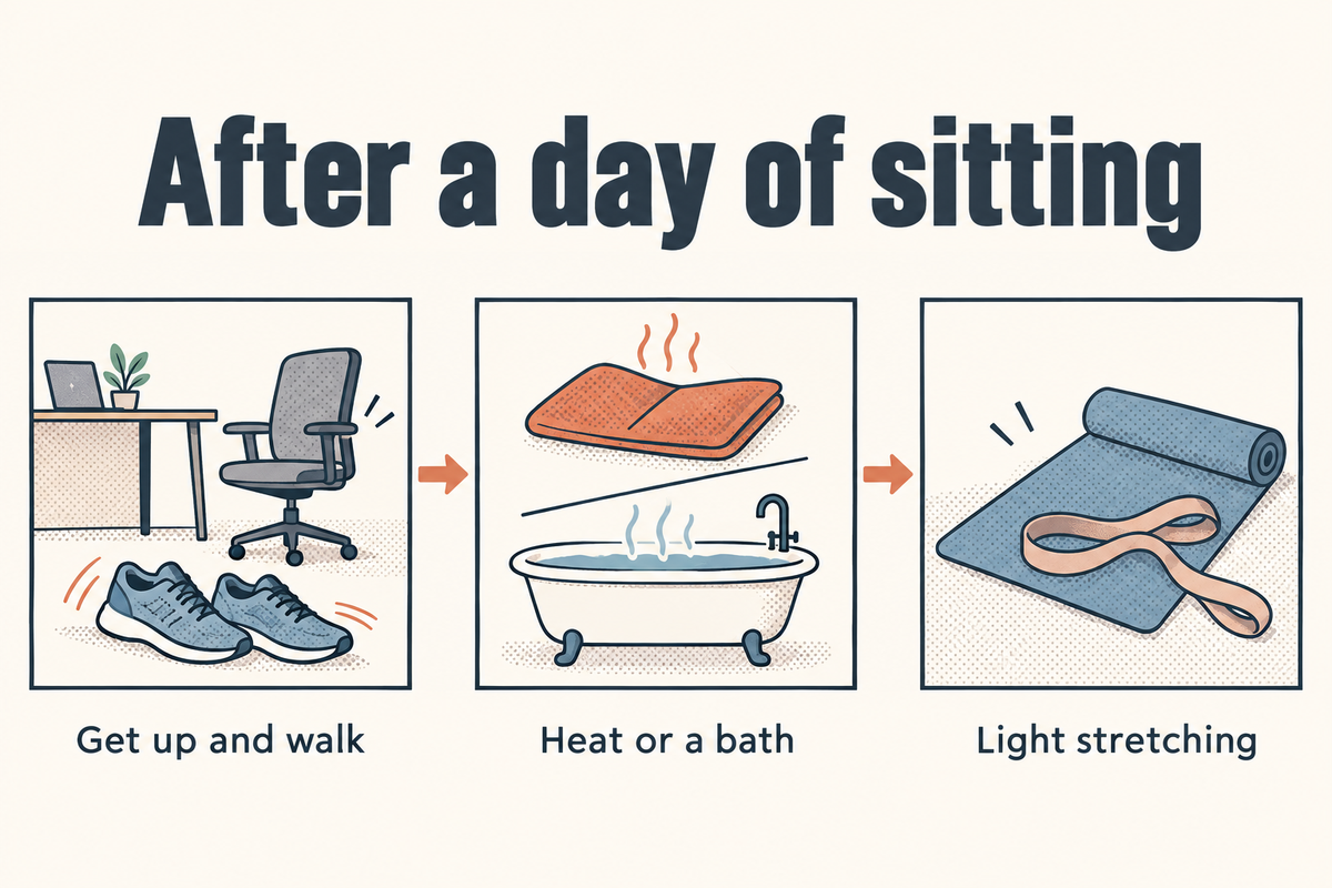 Three-tile flat infographic joined by arrows: get up and walk, then heat or a bath, then light stretching.