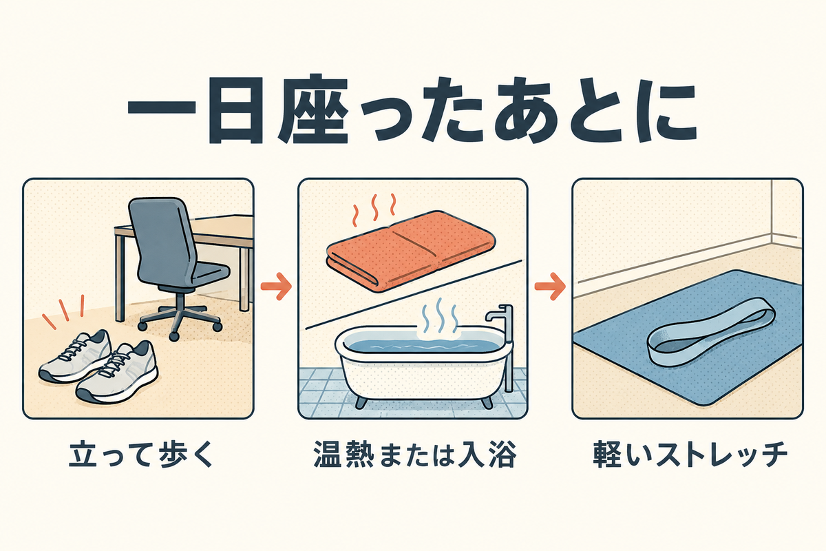 矢印でつないだ3枚のタイル：立って歩く、温熱または入浴、軽いストレッチ。