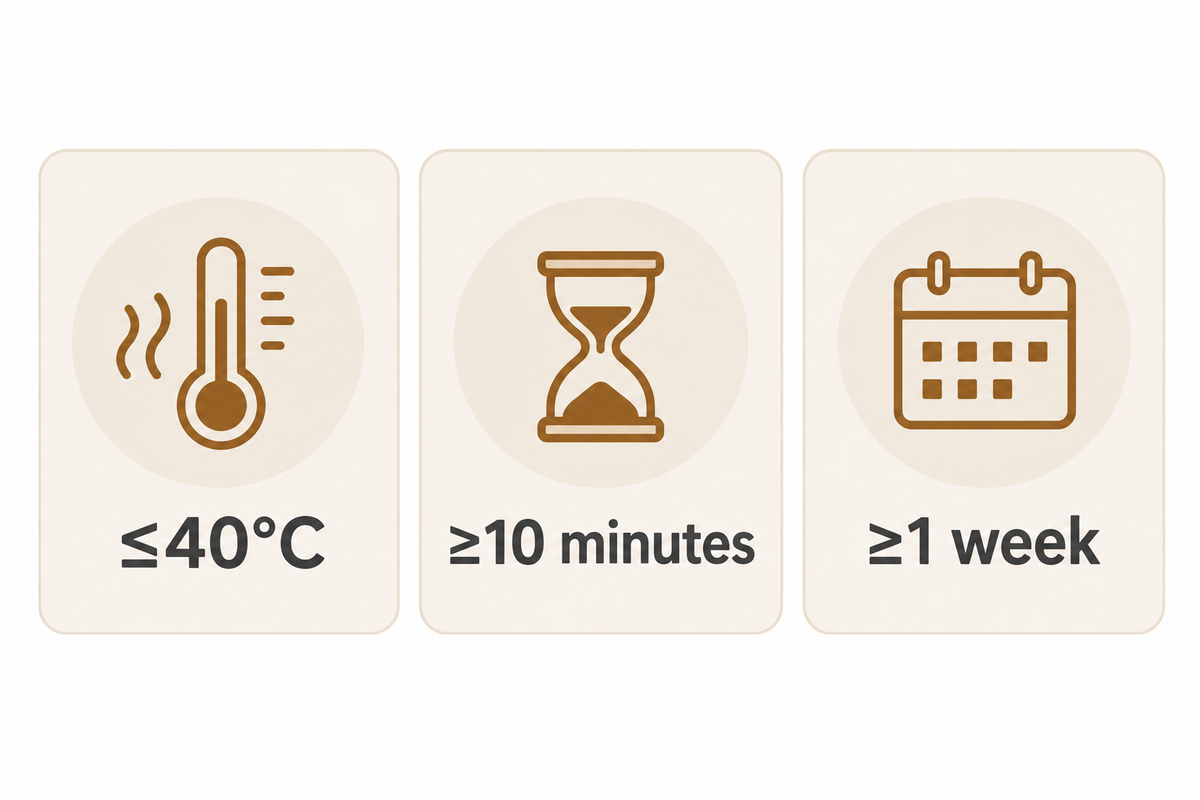 Three side-by-side information cards showing the best parameters for a pre-sleep footbath: water no hotter than 40°C, at least 10 minutes per session, kept up for at least 1 week.
