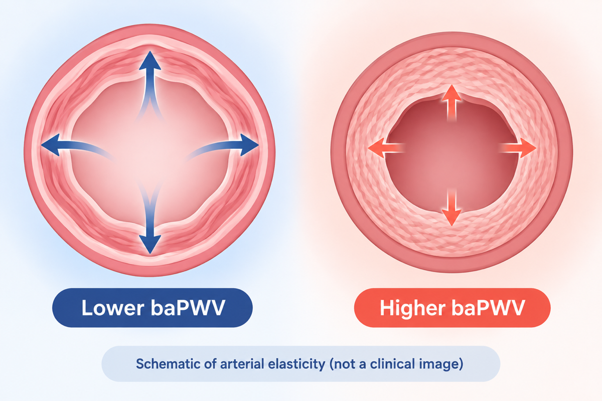 Schematic of arterial elasticity comparing lower and higher pulse wave velocity (baPWV)