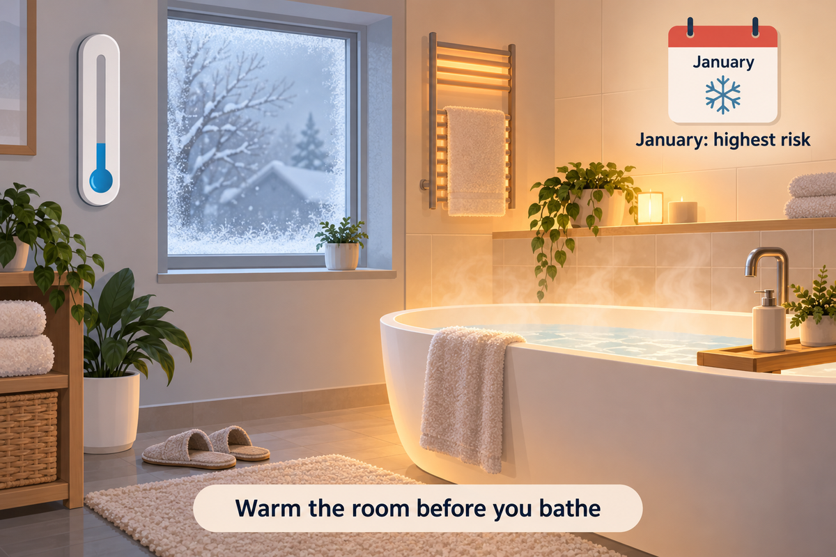 Winter bathroom safety illustration marking January as the highest-risk month