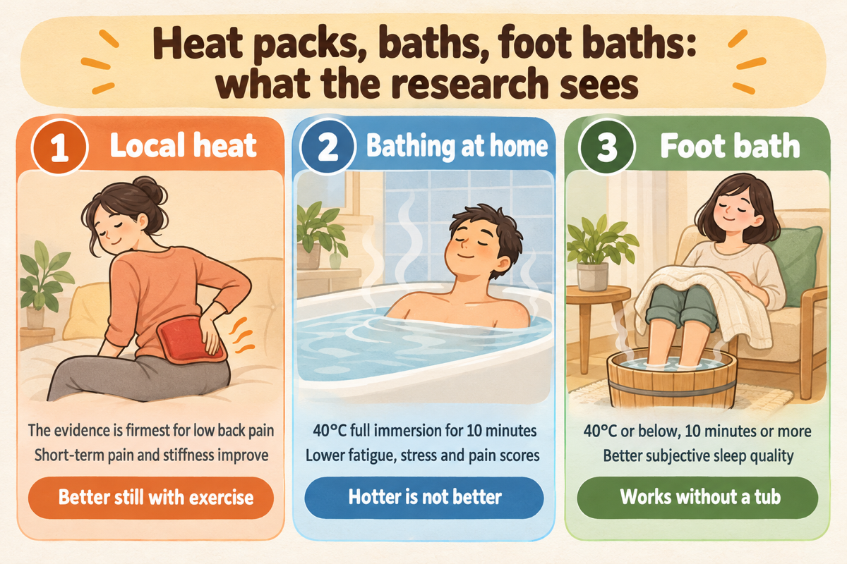 Infographic: outcomes observed in research on heat packs, baths, and foot baths.