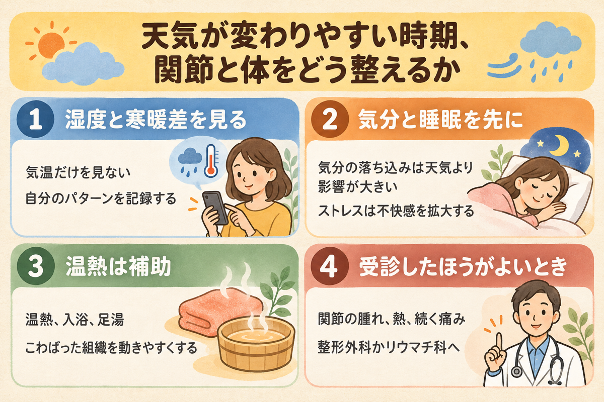 図解：天気の変化に際して関節と体をいたわる四つの方向。