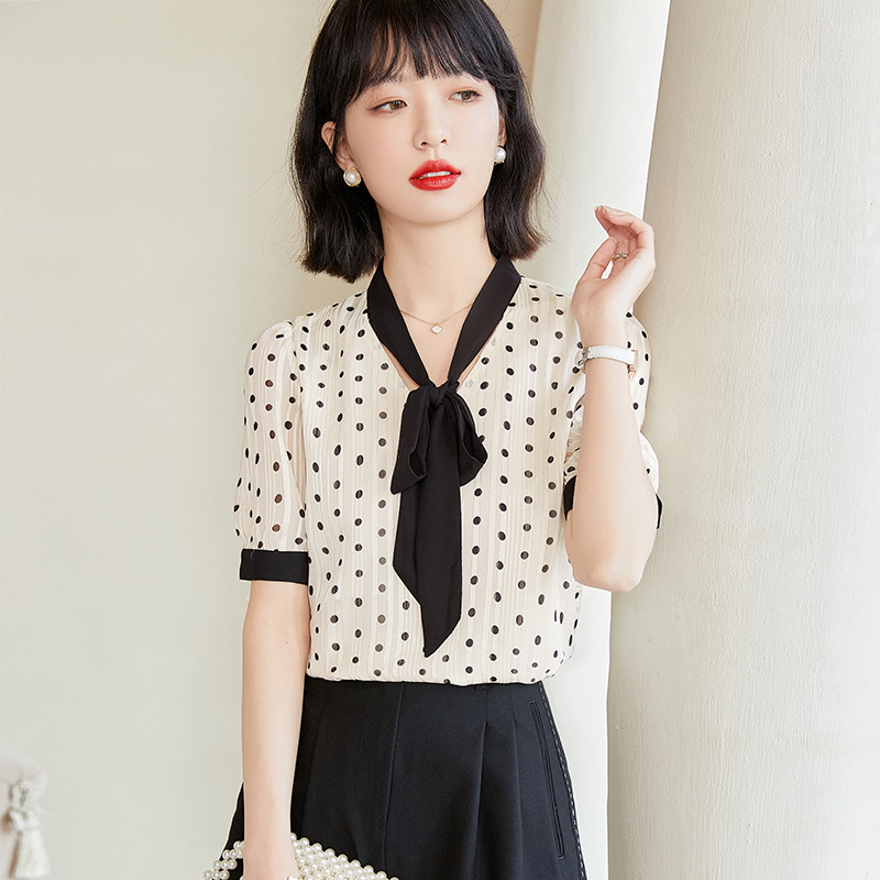 black and white polka dot chiffon blouse