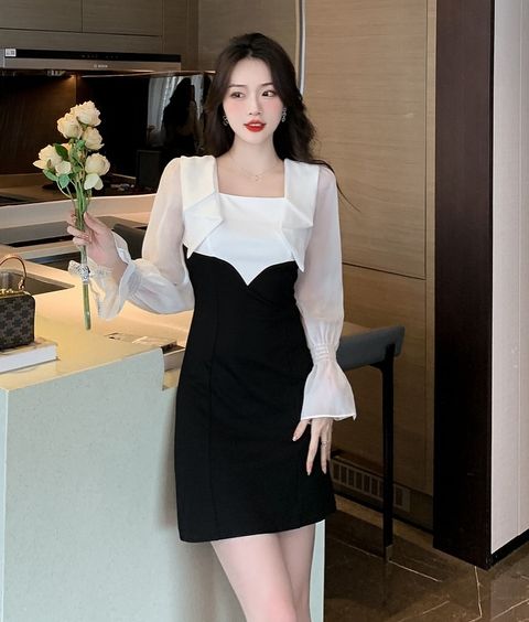 SQUARE NECKLINE MIX COLOR STITCHING DRESS OOTD18152 – OOTD MALAYSIA