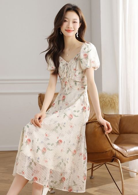 SQUARE NECKLINE PUFF SLEEVE RUFFLE FLORAL DRESS OOTD19220 – OOTD MALAYSIA