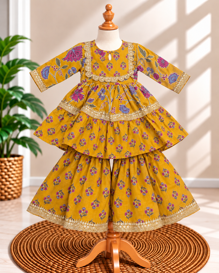 Mustard Floral Sharara on Wooden Mannequin